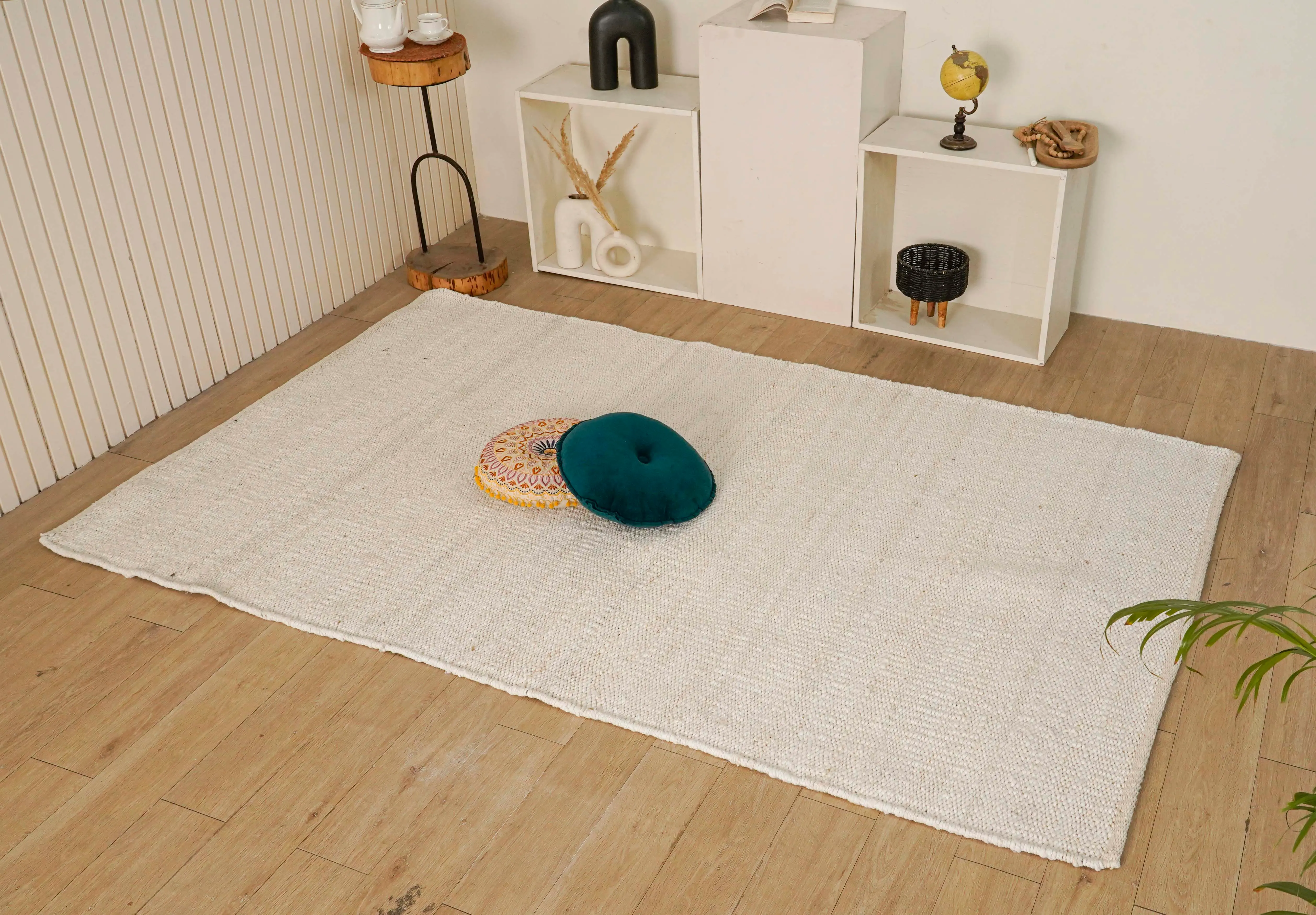 Handwoven White Hemp Jute Rug Rectangle Shape Rug Vintage